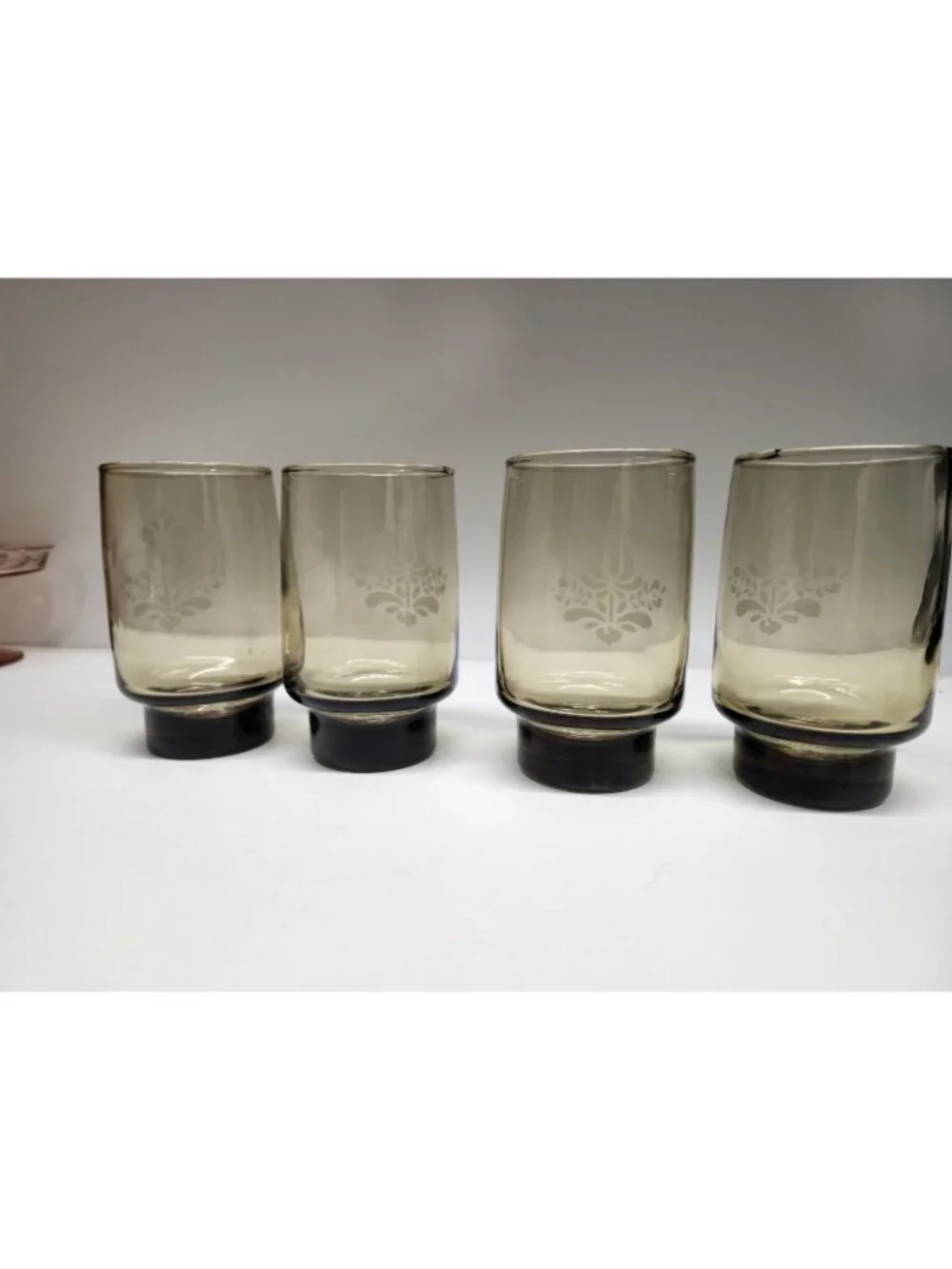 4- Libbey Pfaltzgraff Village Brown Smoke Etched Glasses Vintage Tumblers